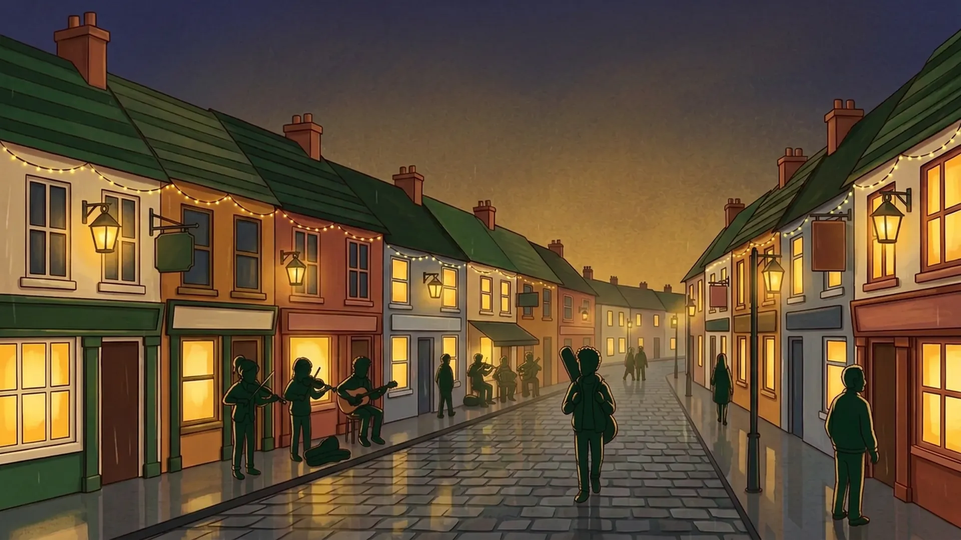 The silhouette of Daniel with a bass guitar case walks along wet Shop Street, past silhouetted street musicians and golden lanterns.