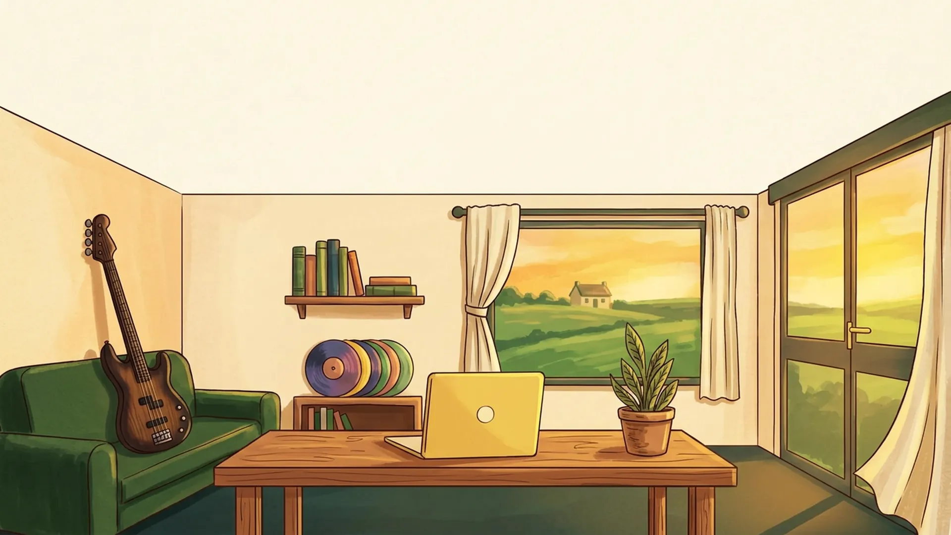 A small studio with a laptop, potted plant, records, bass guitar on the couch and fields through the window.