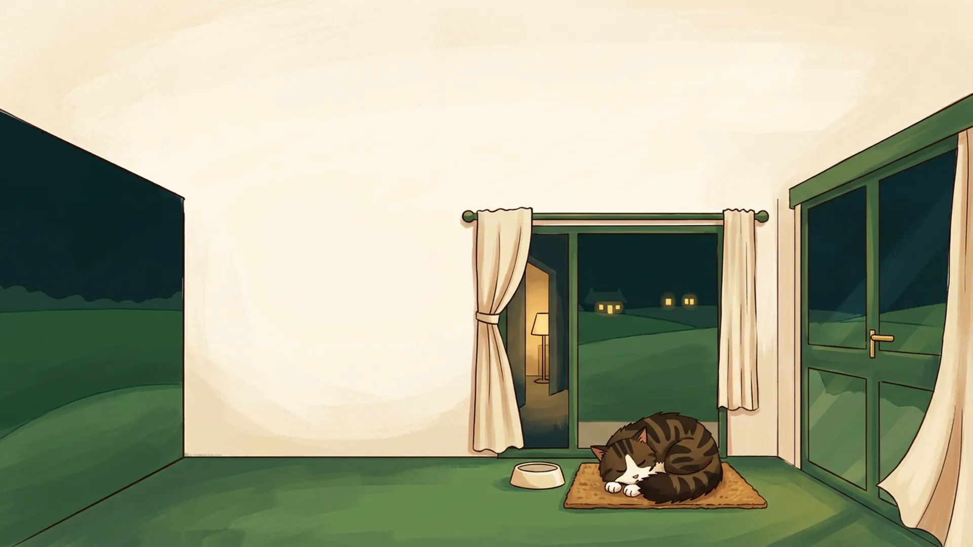 Goober curls asleep on the doormat beside a food bowl, with a gap in the cream curtain.