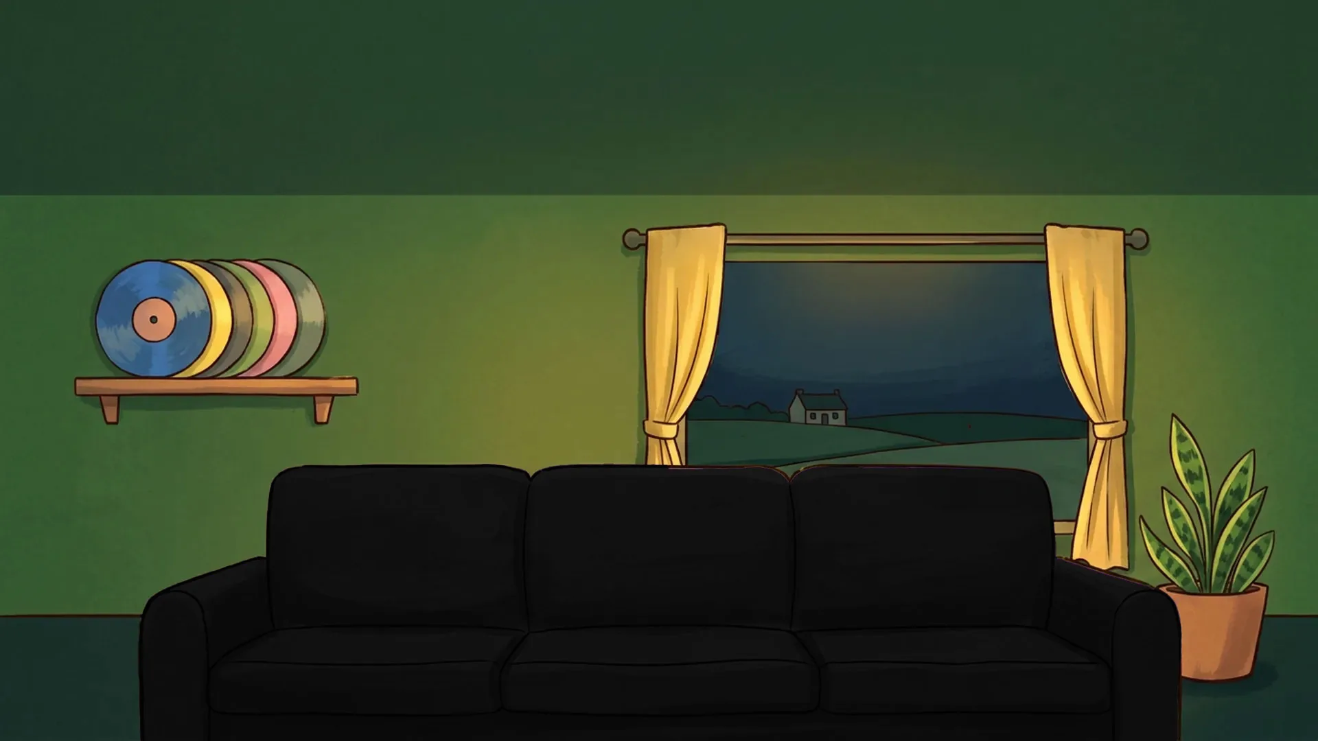 Goober sits on the studio couch at night as his collar changes from silver to red, then a new colour every week.