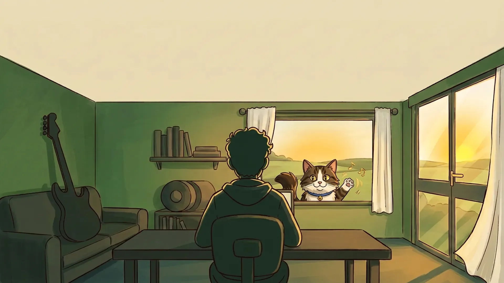Goober peers through the studio window with golden eyes, wearing a blue collar with a tiny golden bell.