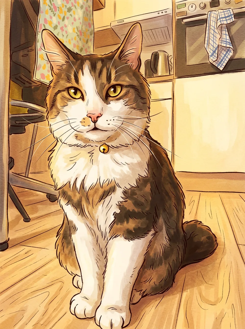 Illustrated version: Goober sitting on the kitchen floor wearing a small gold bell